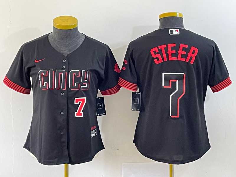 Women%27s Cincinnati Reds #7 Spencer Steer Numer Black 2023 City Connect Cool Base Stitched Baseball Jersey1->mlb womens jerseys->MLB Jersey